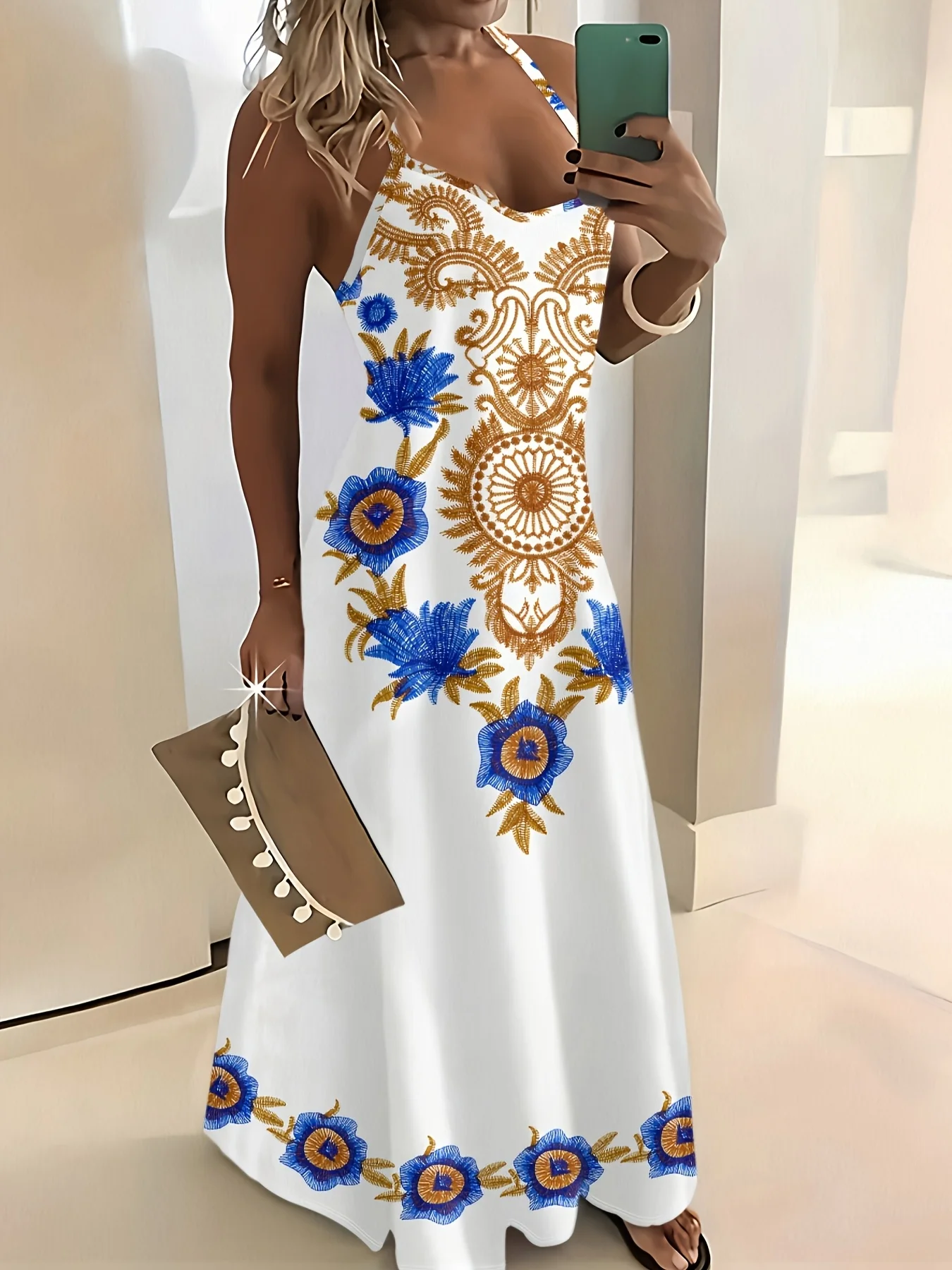 Printed Design Casual style blue floral pattern slim shoulder strap dress
