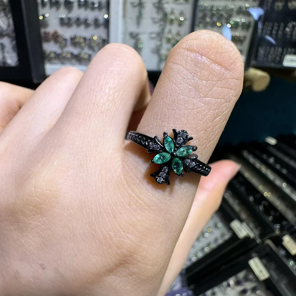 

Elegant Natural Emerald Adjustable Ring Sterling 925 Silver Precious Gemstone for Women Party Birthday Wedding Jewelry Gift