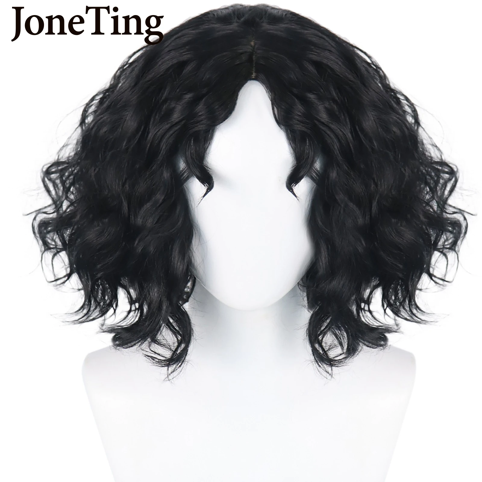 JT Synthetic Men\'s Short Wavy Wigs with Bangs Heat Resistant Fiber Black Curly Cosplay Wig for Women Full Machine Made