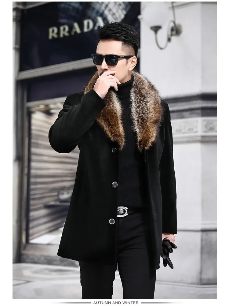 New Woolen Coat Men\'s Winter Single Breasted Thick Medium Long Woolen Windbreaker Woolen Collar Warm Coat Male Clothing