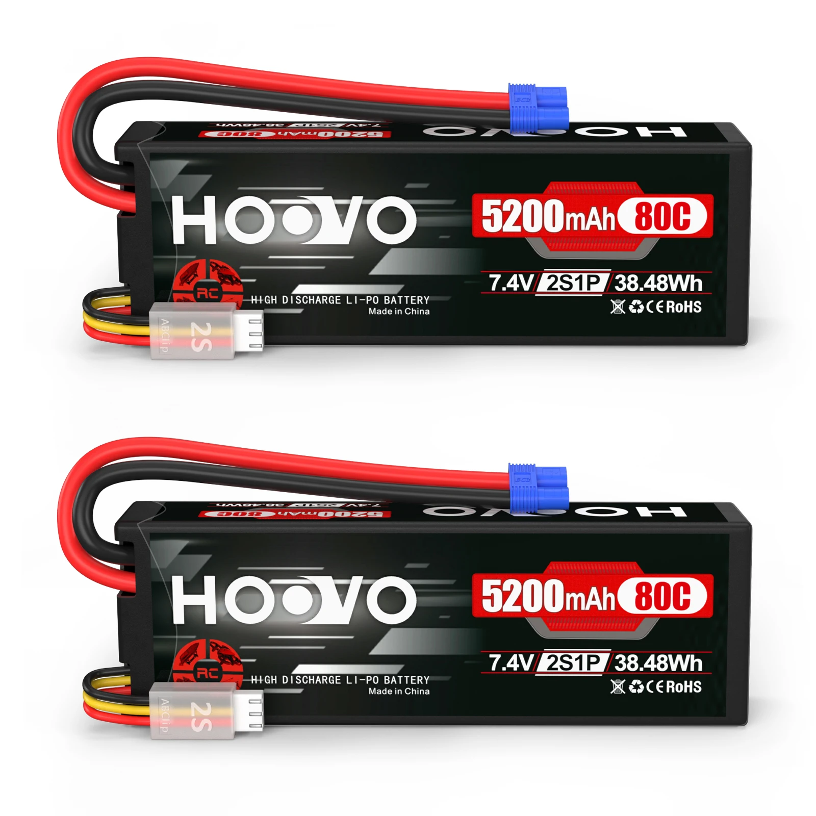 HOOVO 2S Lipo Battery 7.4V 80C 5200mAh RC Battery Hardcase with EC5 Connector for RC Car Truck Truggy Buggy Airplane Helicopter