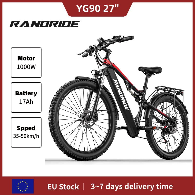 Vélo électrique RANDRIDE YG90, moteur 1000W, batterie 48V 17Ah, freins hydrauliques 21 vitesses, pneus de 27,5 pouces, vélo électrique de montagne