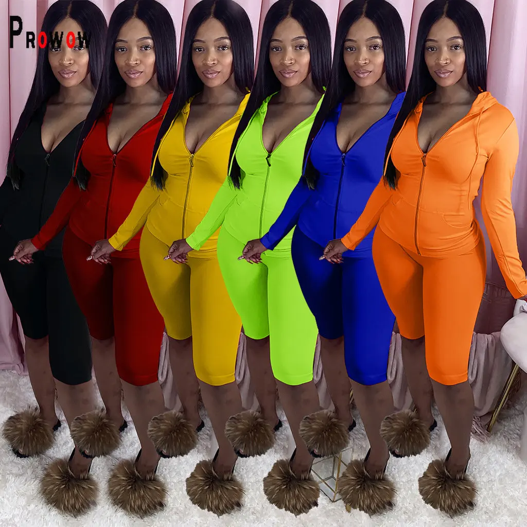 

Prowow Women Tracksuits Zipper Hooded Coats Shorts Two Piece Sporty Suits Solid Color Spring Summer Joggers Fitness Outfits