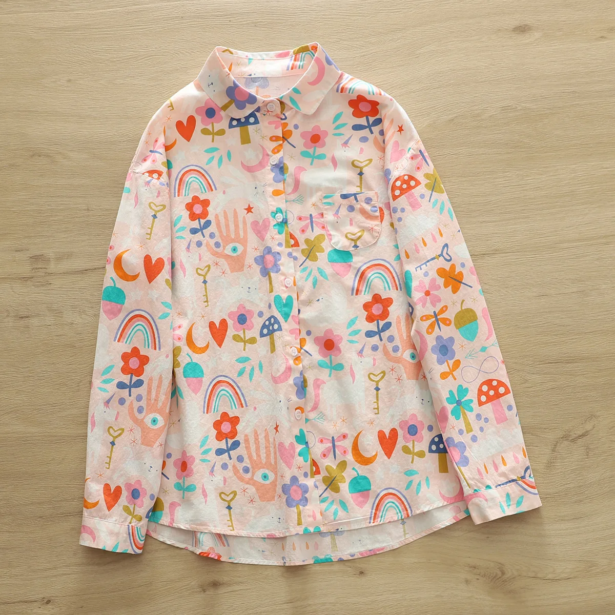 Autumn Cotton Shirts Women Round Collar Rabbit Printing Tops Button Up Long Sleeve Loose Casual Blouses Spring New 2023 T37951JC