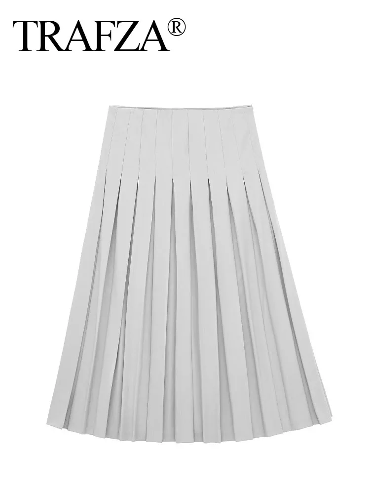 

TRAFZA Women's Summer New Chic Folded Decorated Solid Long Skirt Female Elegant Slim High Waist Side Zipper Preppy Style Skirt