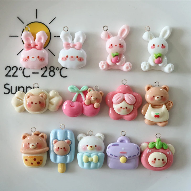 10Pcs Cartoon Rabbit Bear Resin Charms Kawaii Cherry Strawberry Animals Pendants for Keychains Earrings DIY Jewelry Making Craft