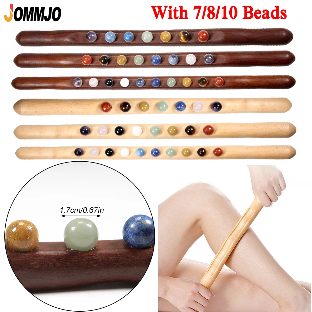 

Guasha Massage Stick 10 Jade Stone Beads Back Neck Meridian Dredging Body Scraping Wooden Massage Tool Gua Sha Therapy