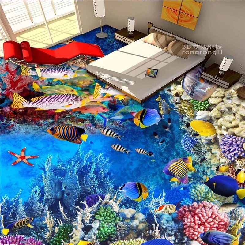 Water fish floor mural adhesive wear non-slip waterproof wall paper self-adhesive sticker painting wallpaper bathrooms