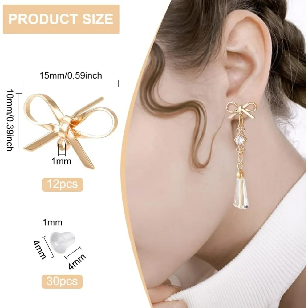 12Pcs Real 18K Gold Plated Stud Earring Findings, Bow Tie Brass Earrings Stud with Horizontal Loops and 30Pcs Ear Nuts