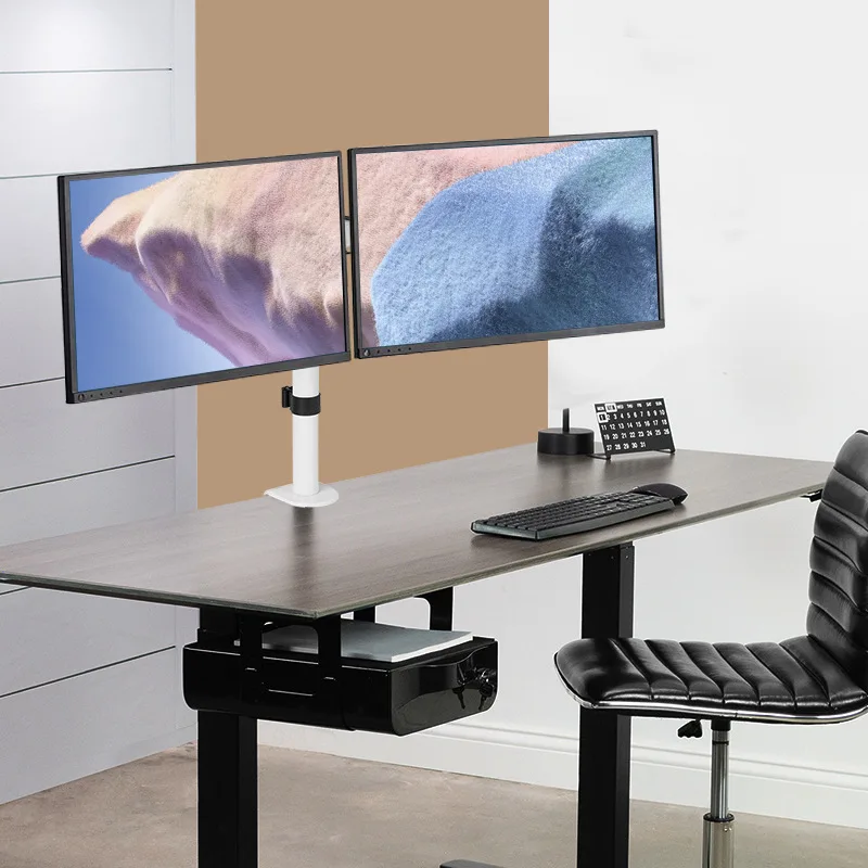Fotografia 4: Suporte de monitor de tela dupla, suporte de exibição de computador desktop branco de 24/27 polegadas, pode levantar suporte giratório 360