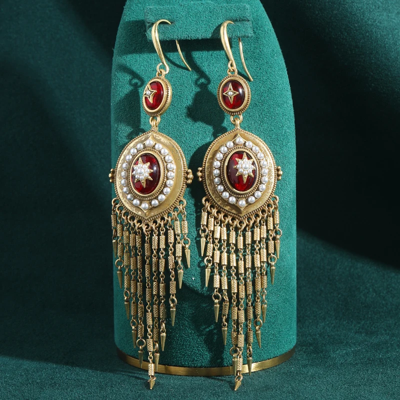 

Long Luxury Gold Color Chain Tassel Dangle Earrings Vintage Antique Pearl Red Glass Dream Catcher Statement Jewelry Accessories