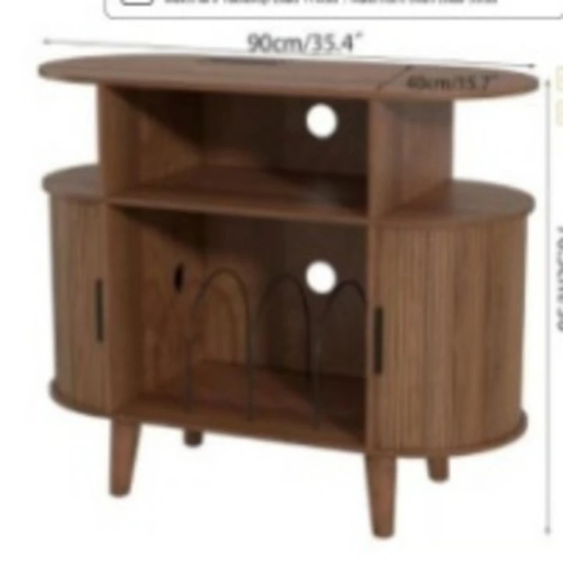 Walnut-colored TV cabinet, vintage style vertical shelving doors, with open storage shelves, living room storage
