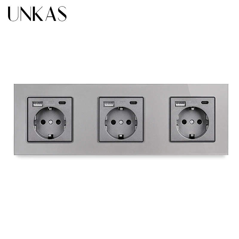 UNKAS 16A Type-C Port EU Standard Socket Black White USB Connector Plug Gray Outlet Grey Tempered Glass Panel Gold Power Russia