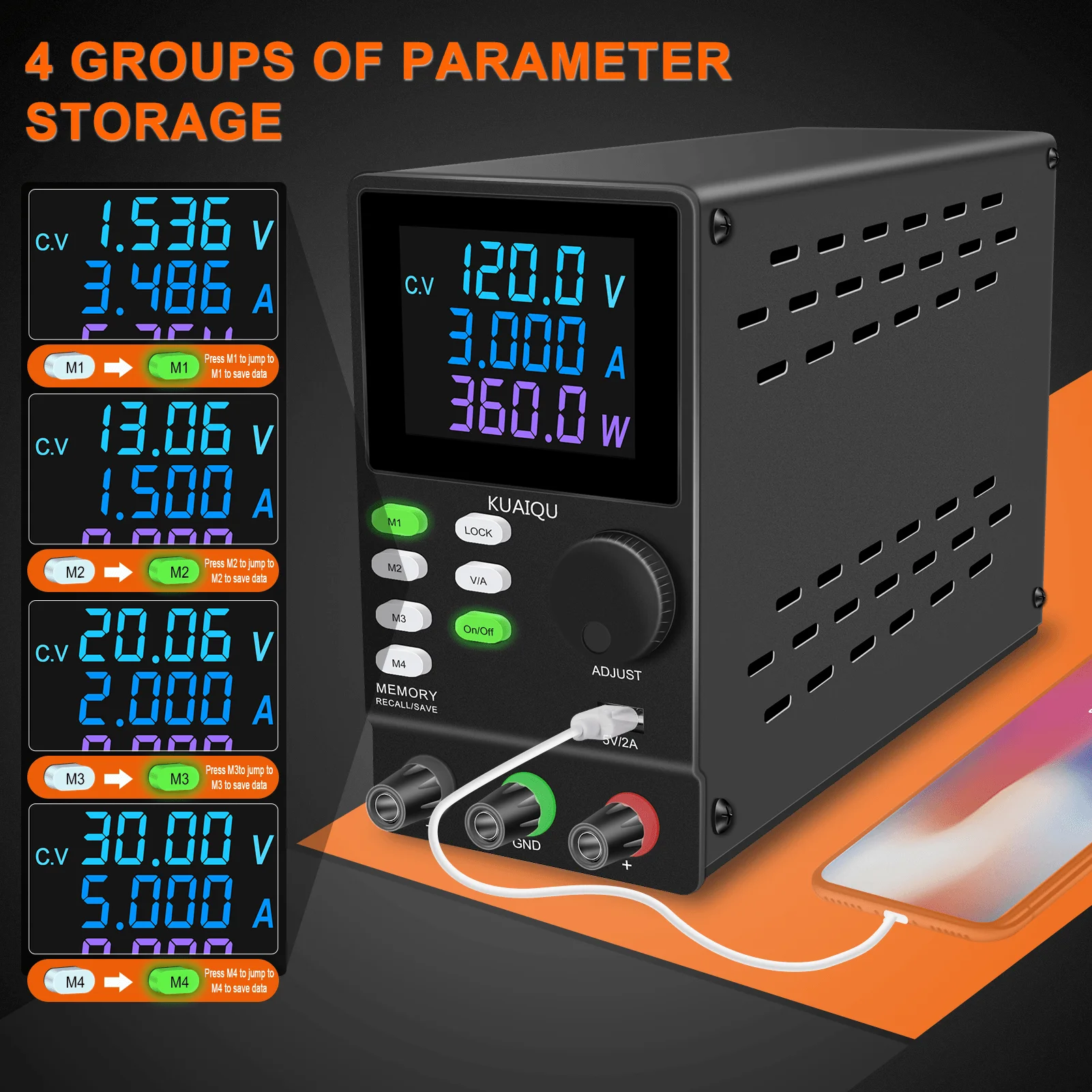 KUAIQU 300W Adjustable DC Power Supply 30V 10A 300V 1A 200V Voltage Regulator RS-232/USB Power Source M1~M4 OUTPUT Repair Tools
