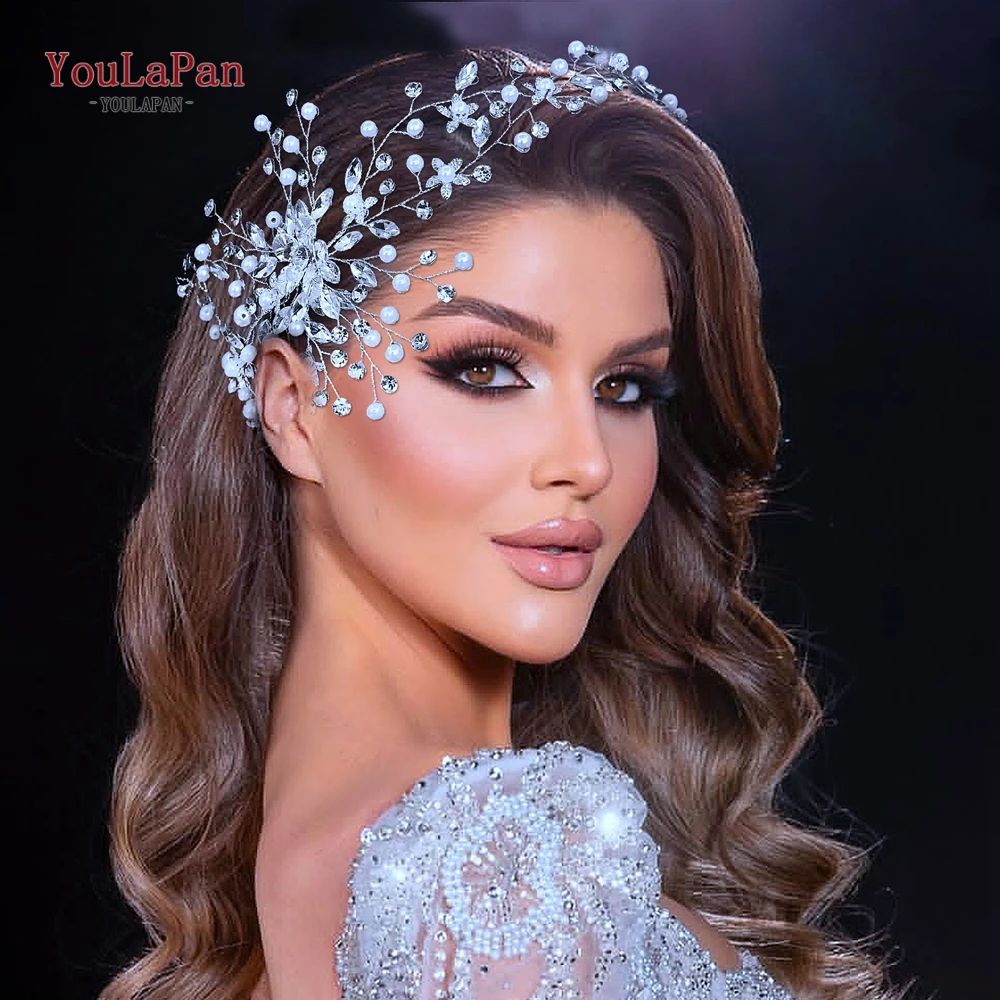 YouLaPan أنيقة زهرة العروس رباط شعر اللؤلؤ حجر الراين الزفاف أغطية الرأس وصيفه الشرف إكسسوارات الشعر امرأة عقال HP940