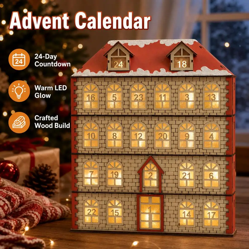 Wooden House Advent Calendar 24 Day Christmas Countdown Calendar With Warm LED Lights Xmas Desktop Holiday Home Decoration