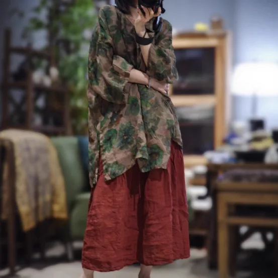 빈티지 레이스 업 중간 길이 라미 프린트 오버 사이즈 셔츠 및 탑 가을 중국 복고풍 튜닉 블라우스 Long Blusa Feminina