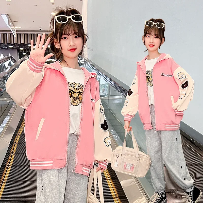 Spring Autumn Girls Bomber Jackets Kid Hooded Outerwear Pink Baseball Uniform Children Loose Varsity Jacket Coat 4 6 8 10 11 12Y