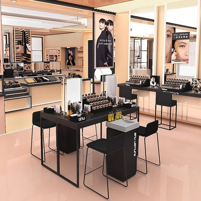 Maßgeschneiderte kosmetische Vitrine Hautpflege Schönheit Shop Regal Rack Lippenstift Display Rack Farbmischung Insel Make-up Zählen