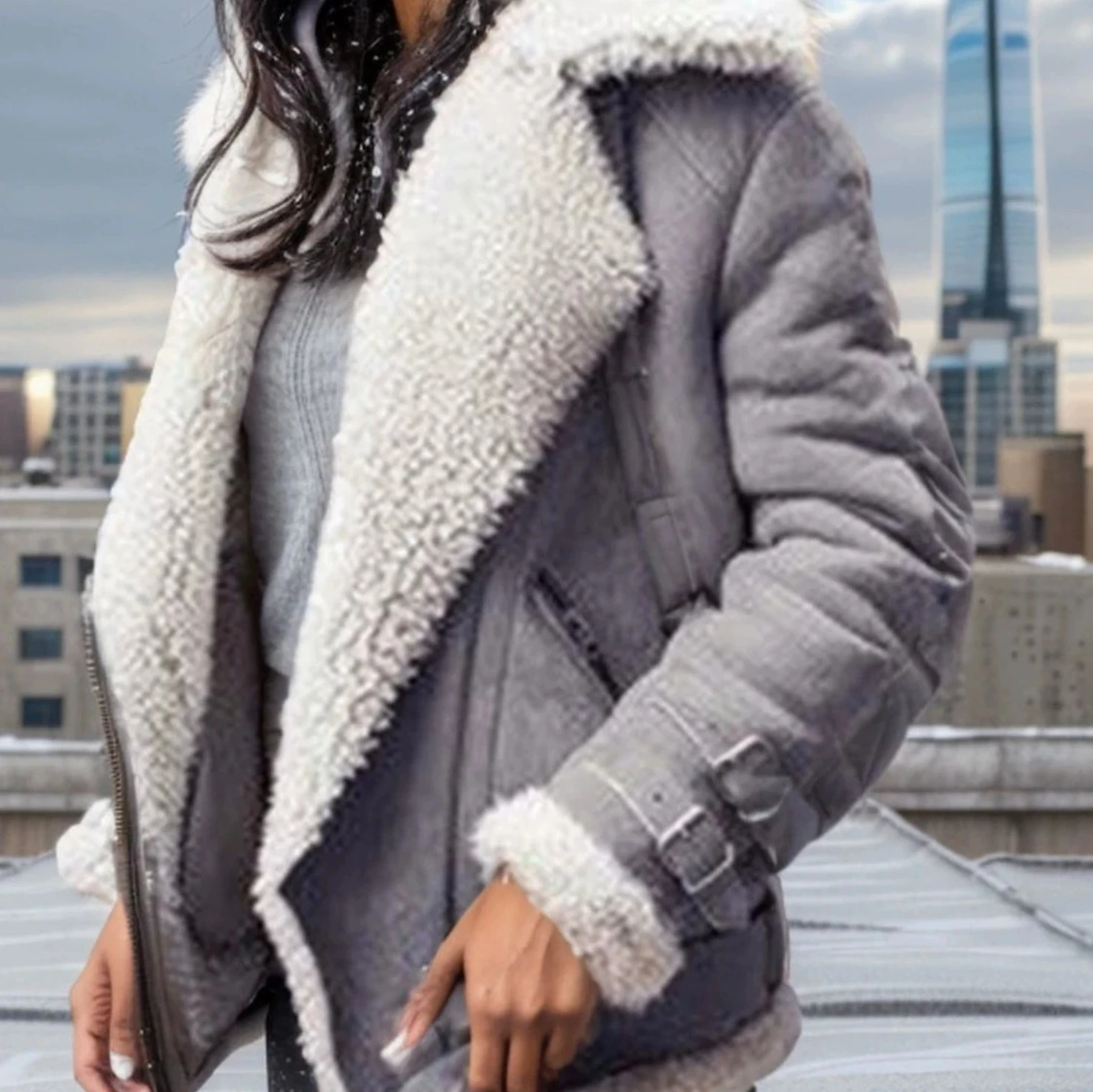 2025秋冬新作 レディース バイクジャケット |   襟付きファー コットン スエード ラムウールコート |   ゆったりとした厚手の暖かいファー襟