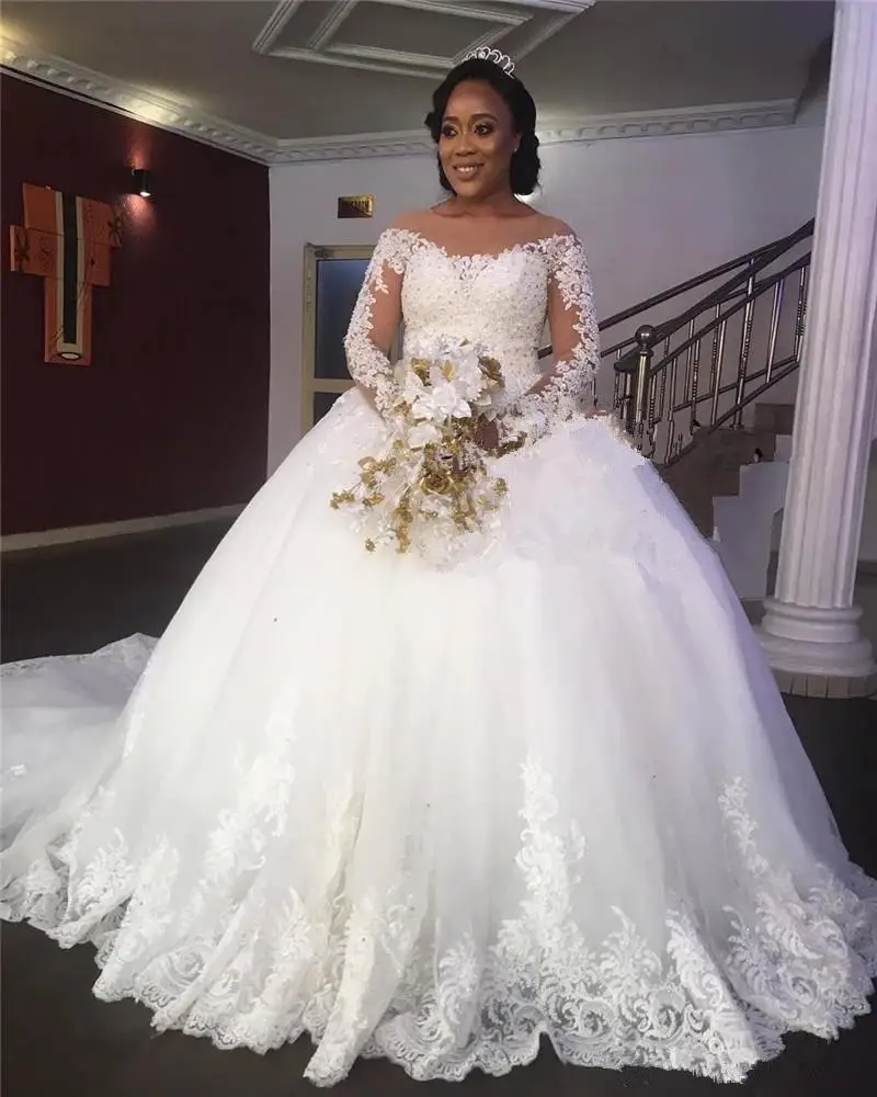 Vestidos De Novia africanos De encaje con hombros descubiertos, vestidos De Novia De manga larga con cuentas De lentejuelas, Baile De Princesa