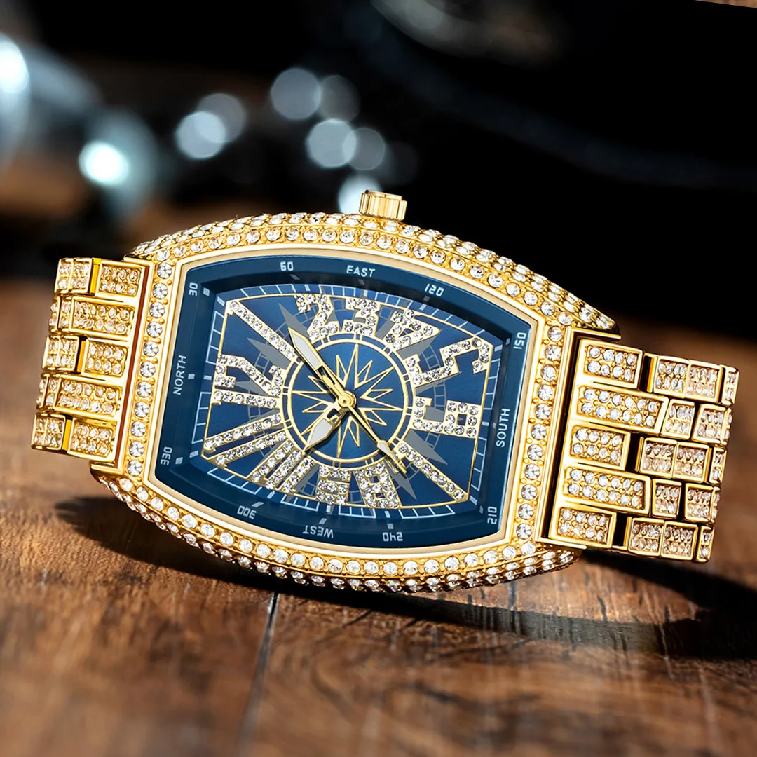 Orologio da polso tonneau di alta qualità scintillante pietra piena grande oro orologi moda uomo orologio al quarzo orologio 6 colori