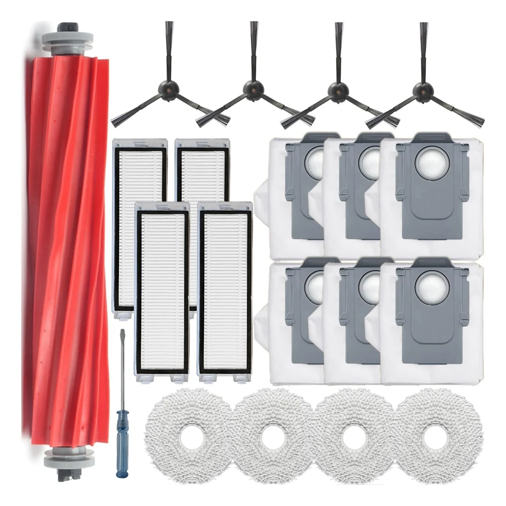 Zestaw akcesoriów do odkurzaczy Roborock Q Revo, w tym szczotka główna, nakładka na mopa, szczotki boczne, filtr HEPA i worek na kurz