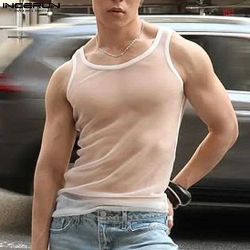 

INCERUN Summer Male Vests Fashion Men Tank Tops Sleeveless Transparent See-through Tops Tee Sexy Tops Streetwear S-3XL Oversize