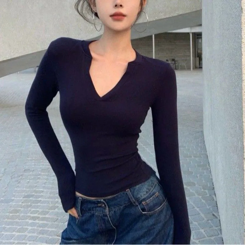 JMPRS Harajuku V Neck Long Sleeve T Shirts Women Autumn Winter New Slim Black Tops Korean Y2K Chic Fashion Female Solid Tees