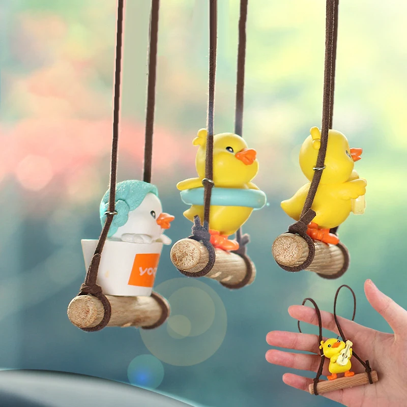 Car Pendant Cute Little Yellow Duck Swing Auto Rearview Mirror Hanging Ornaments Interior Decoraction Accessories For Girls Gift