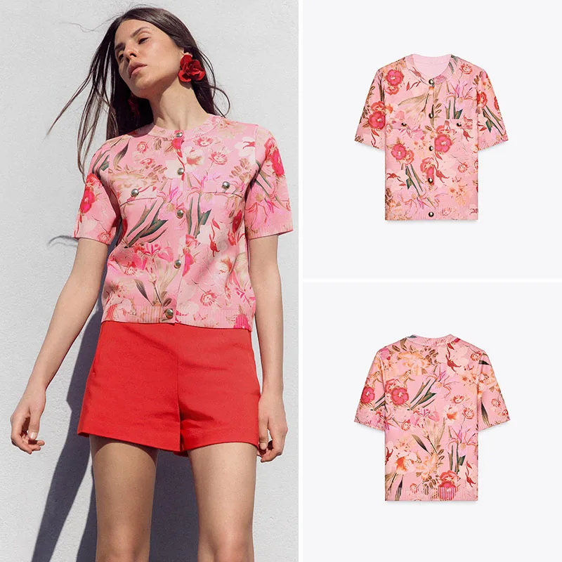 

Новое поступление лета, женская трикотажная одежда ort Sve Jaet с цветочным принтом Street Sle, обычная посадка, круглая повседневная верхняя одежда