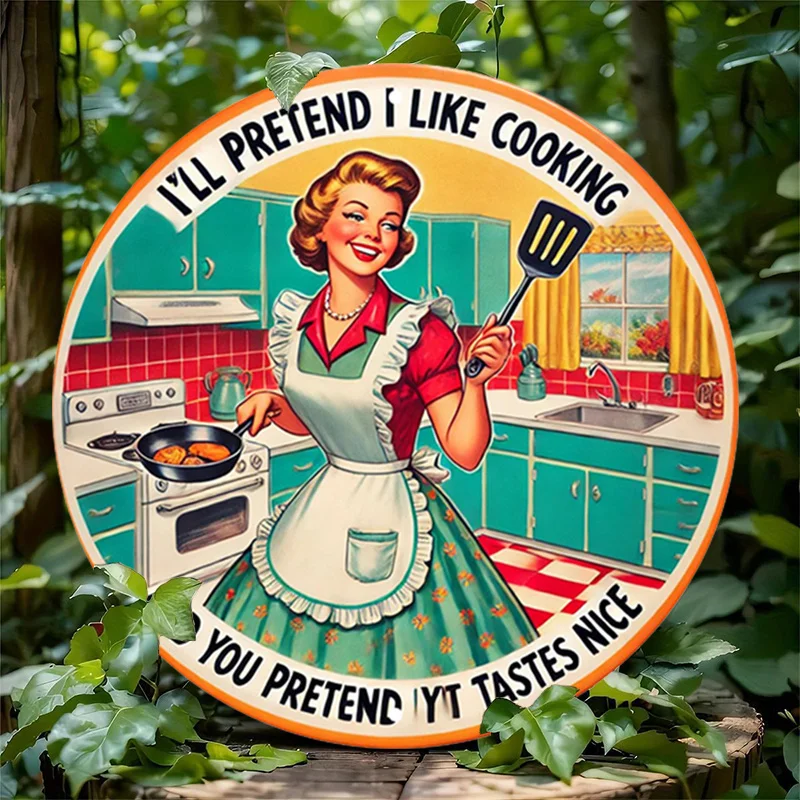 1 Stück Vintage Hausfrau rundes Aluminium-Metallschild – humorvolle Küche Wanddekoration, Retro-Kochthema, kreisförmiges Blechschild für Zuhause,