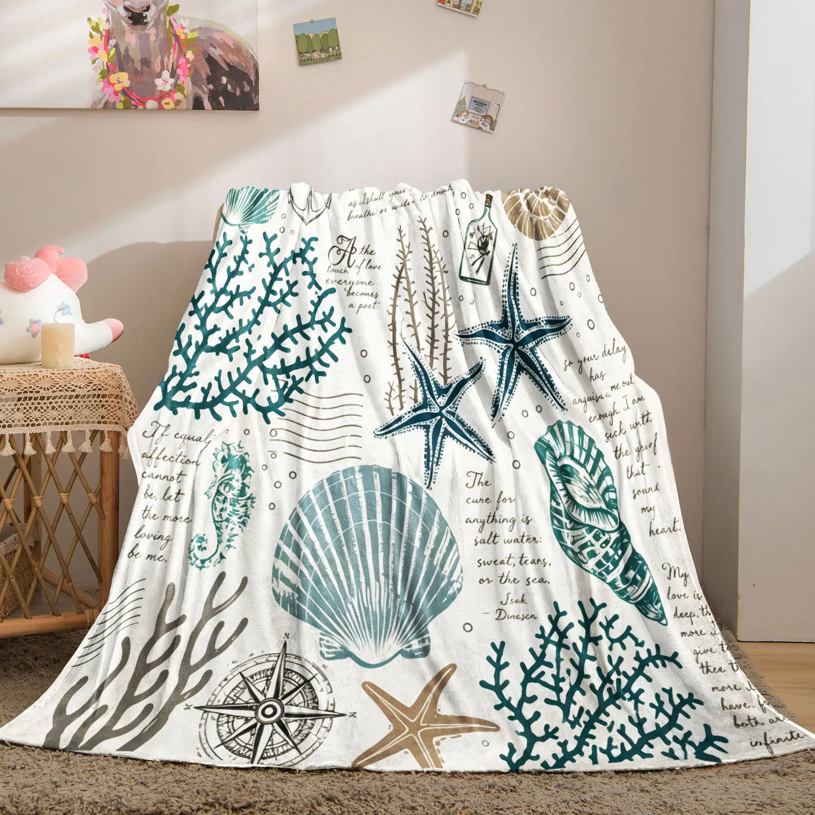 Nautical Ocean Seashell Throw Blanket Vintage Starfish Coral Anchor Compass Print Plush Fleece Blanket Lightweight Sofa Bed