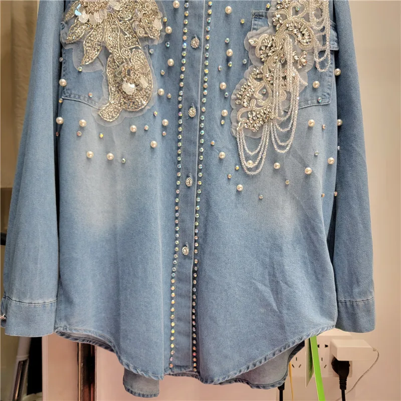 Spring/Summer Women Flowers Embroidery Beaded Denim Shirts Medium Length Pearls Beaded Jeans Blouses Turn Down Collar Cardigan