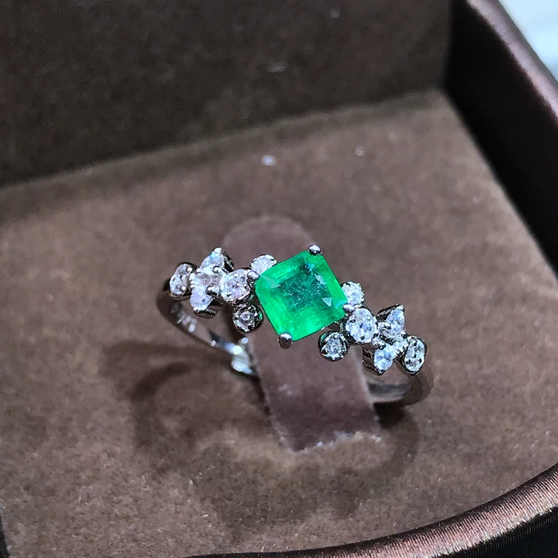 

Natural emerald ring rare Princess square precious Colombian emerald color good 925 Sterling Silver