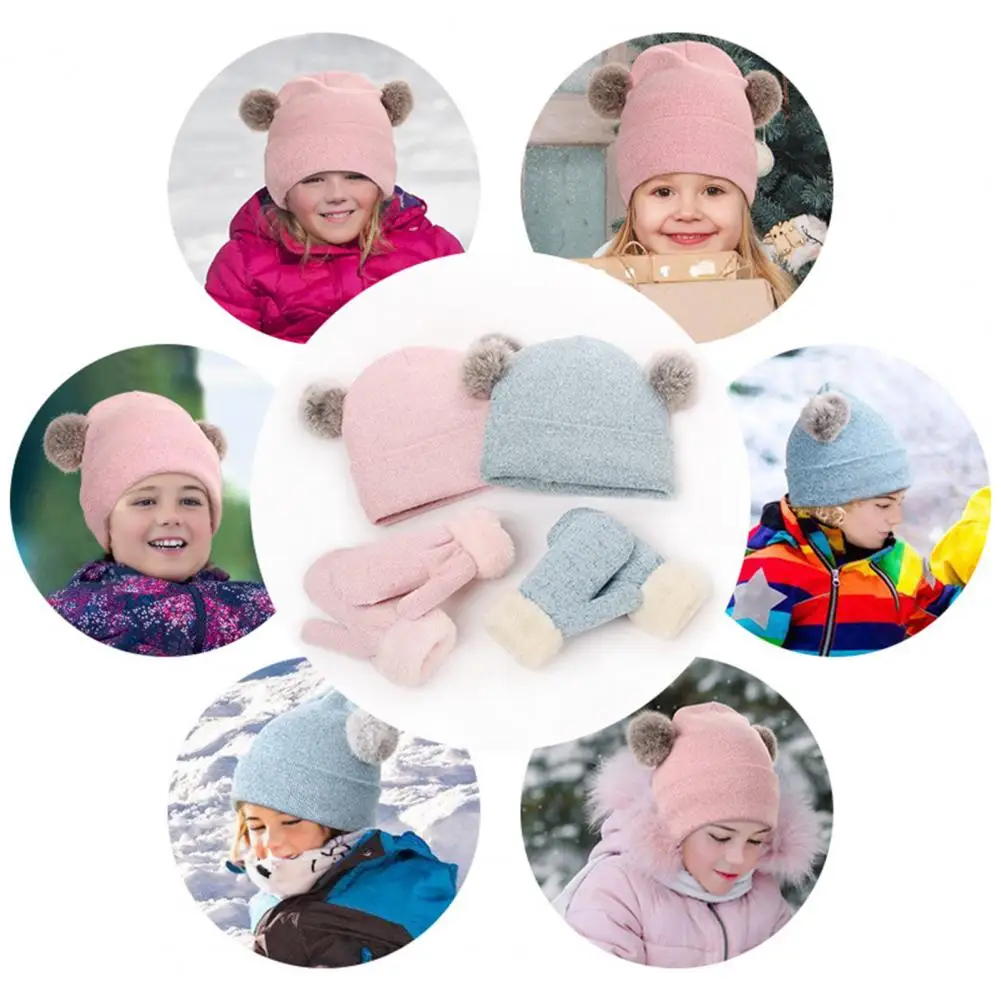 Hat Scarf Gloves Set Elastic Hat Mouth Kids Winter Hat Gloves Scarf Set Thickened Fleece Lined Knit Pompom Mittens for Toddlers
