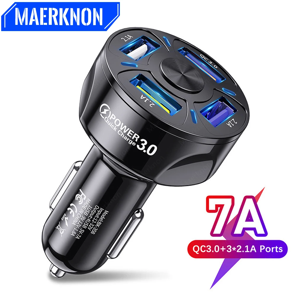 4 USB Car Charger 7A 48W for iPhone 12 11 XR Quick Charge 3.0 Mobile Phone Charger 4 USB Fast Car Charger Car Cigarette Adapter