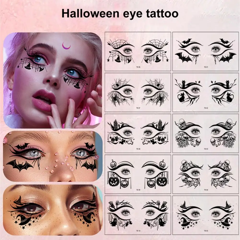 Herramientas de maquillaje para fiesta de Halloween, juego de pegatinas de tatuaje facial con diseños de calavera de murciélago araña para mujeres y niñas