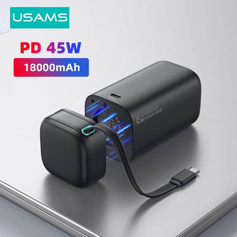 USAMS Magnetic Power Bank 45W Type C PD Fast Charge Powerbank 18000mAh with Retractable Cable External Portable Phone Charger