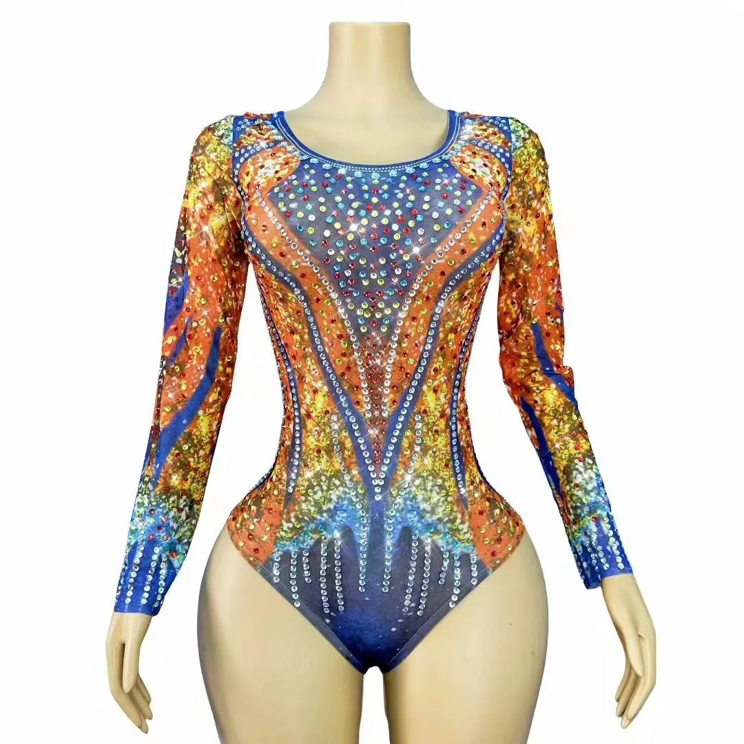 

Shiny Colorful Rhinestones Print Bodysuit for Women Gymnastics Performance Costume Mesh Leotard for Dancer Pole Dance Stage Wear