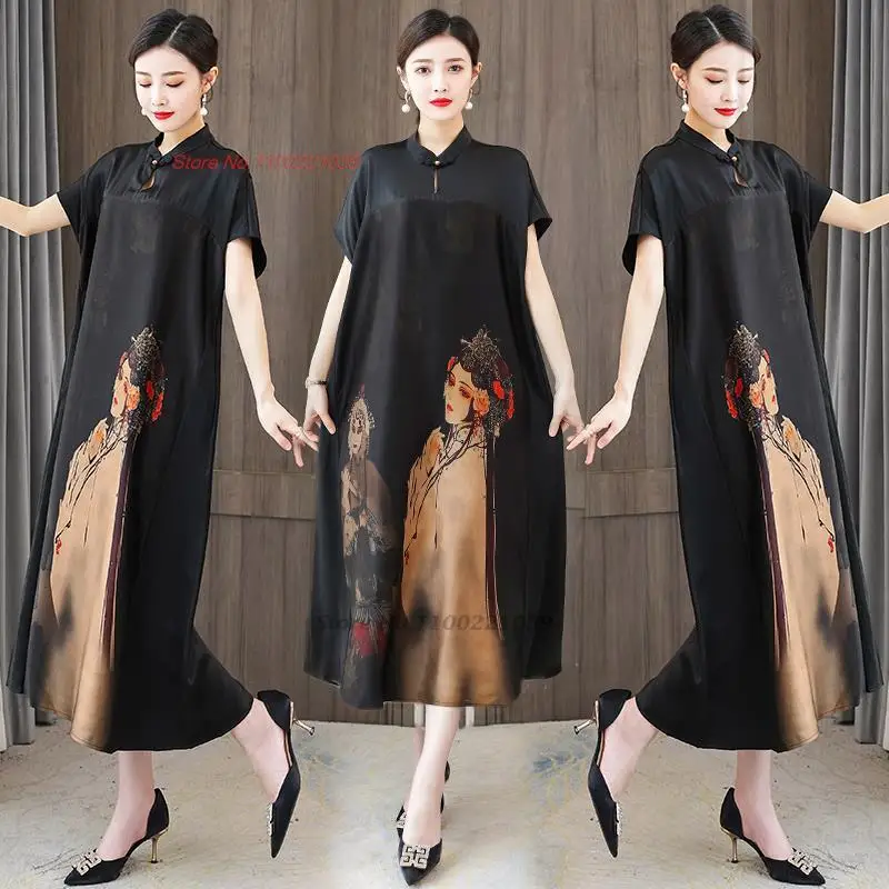 

2024 traditional chinese vintage dress improved cheongsam dress banquet evening dress qipao national flower print satin dress