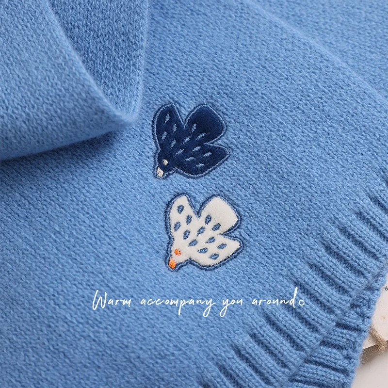 lagur-x-japanese-illustrator-100-merino-wool-scarf-with-flying-dove-embroidery-warm-winter-knit-for-women-men-gift