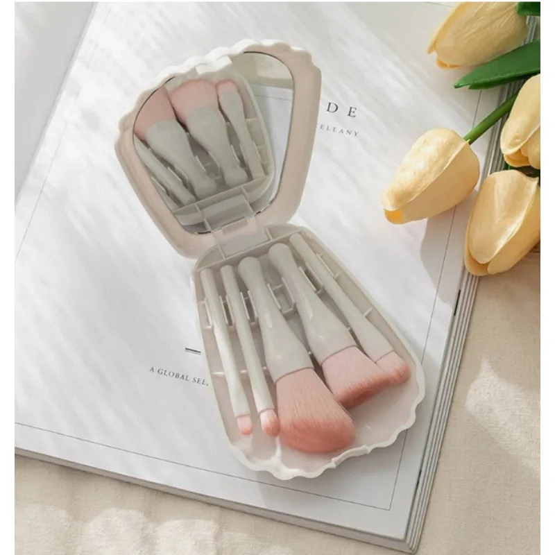 5pcs Mini Complete Function Cosmetic Brushes with Mirror Shell Portable Travel Makeup Brush Set