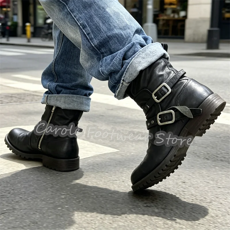 

Male Punk Black Leather Motorcycle Boots Metal Belt Buckles Ankle Booties Gothic Chunky Heel High Top Zipper Boots for Men