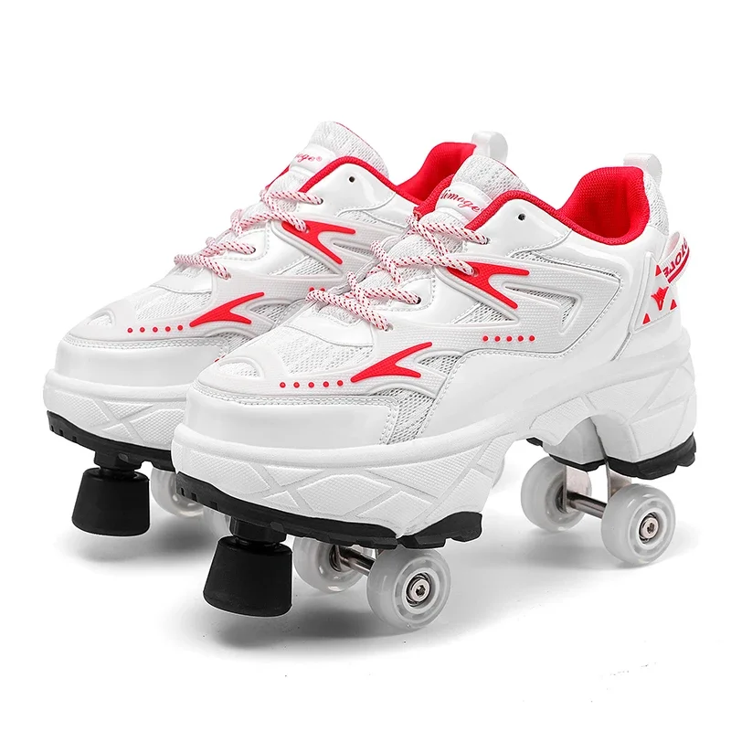 Boys Girls Big Four Wheel Rampage Shoe Lace Brake Roller Skating Shoes with Retractable Wheels Adult Walking Skating Shoe