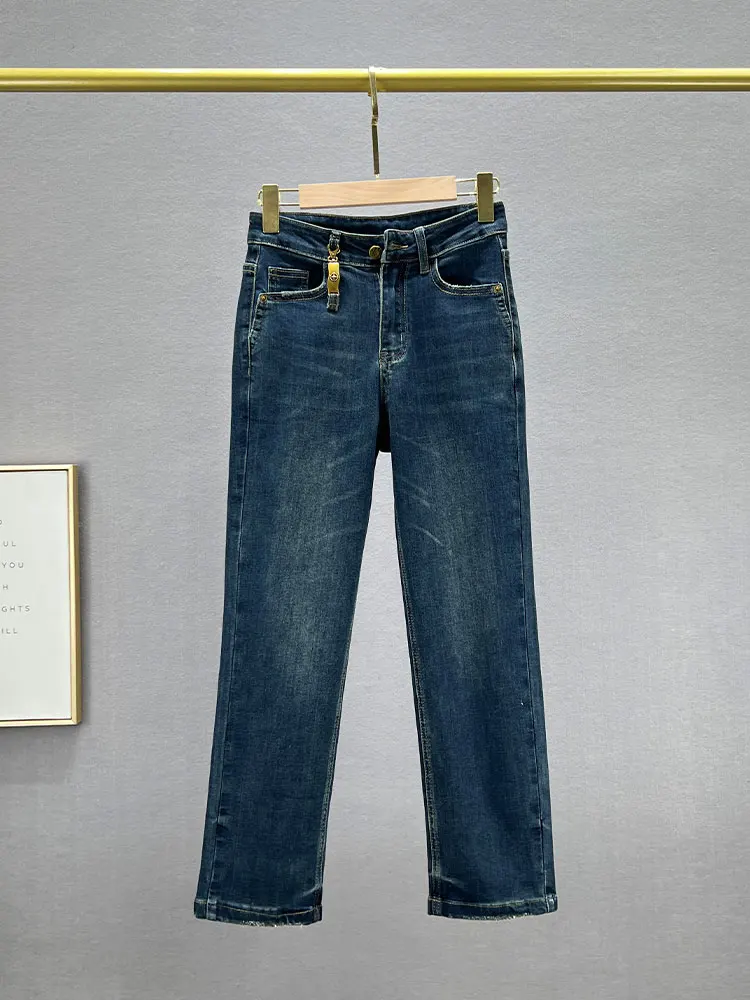 

Джинсы с высокой талией и прямыми штанинами для женщин, эластичные, утягивающие, универсальные, темно-синие, модель e Tube, осенняя новинка