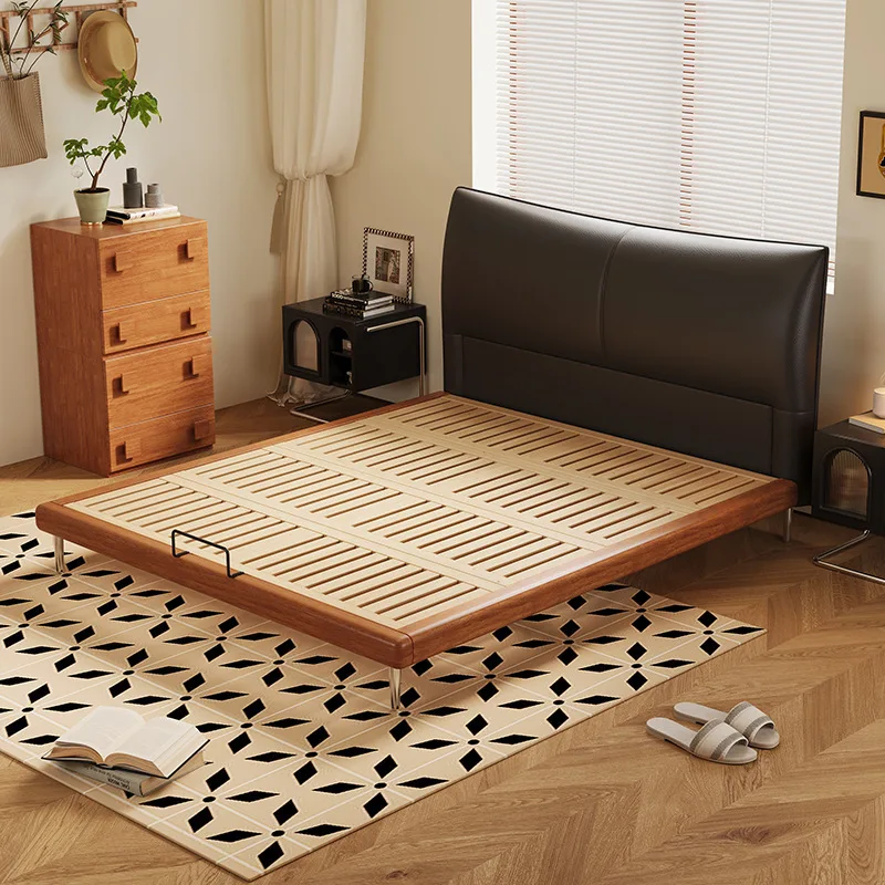 Letto medievale in pelle minimalista primo strato di pelle bovina letto in legno massello letto matrimoniale retrò in faggio