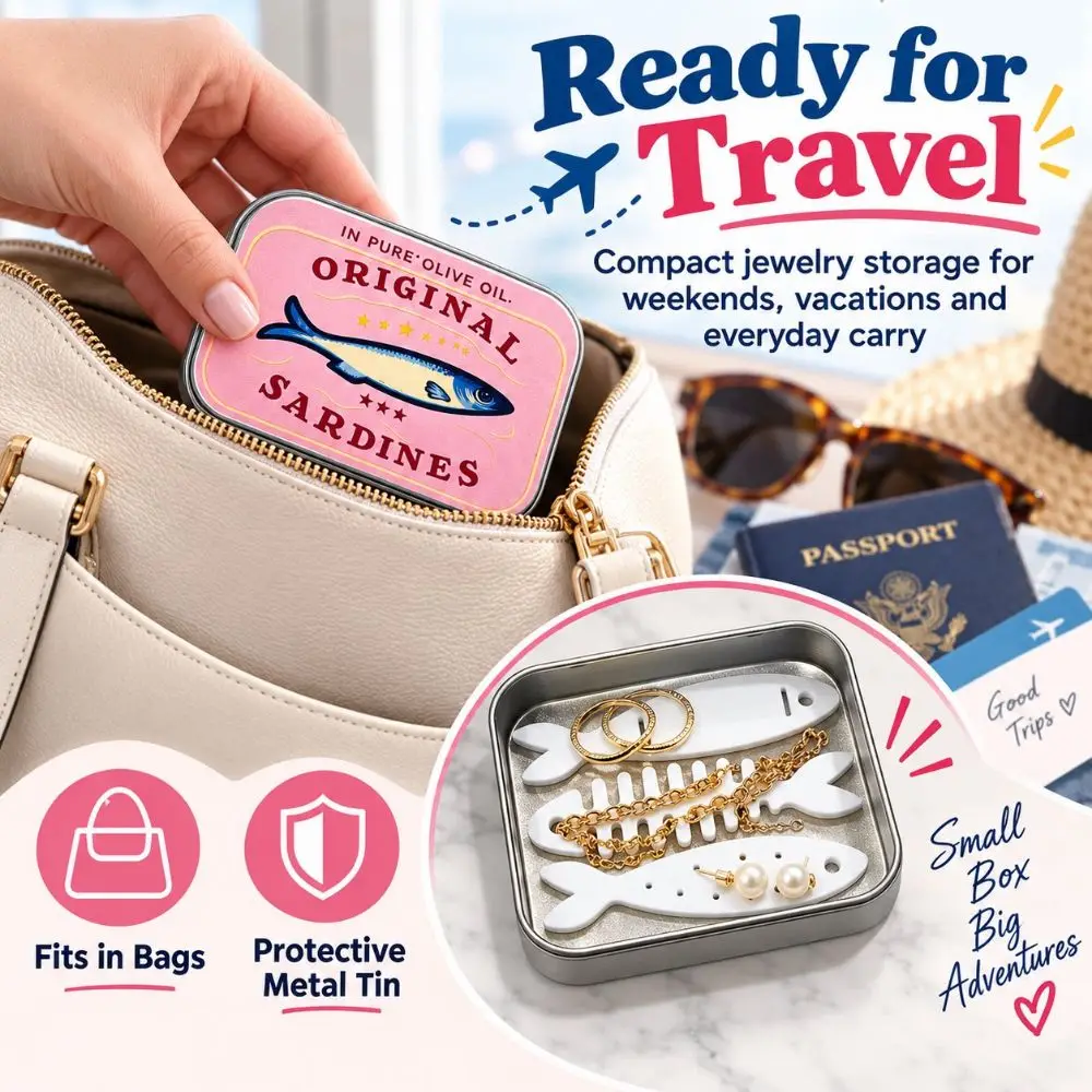 3D Printed Sardine Tin Jewelry Box Fishbone Insert Lightweight Jewelry Organizer Compact Textured Sliding Lid Travel Case Girls