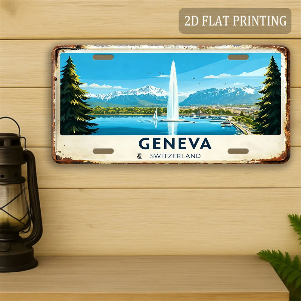 Vintage Geneva Swiss Aluminum Sign 12x6 Inch Retro Metal Poster Weatherproof Outdoor Garden Wall Decor Lake View Travel Souvenir