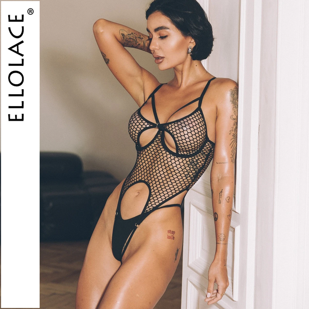 Ellolace الحسية الجسم مثير النساء شبكة صيد السمك انظر من خلال ارتداءها Hilitos يتوهم الإناث الملابس الداخلية مجموعة نداء ليلة سيدة البدلة